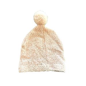 New York & Company Beanie Pom Pom Cable Knit Hat Pink Peach White Textured EUC